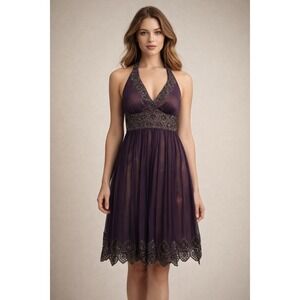 VTG Y2K Cache Dress Beaded Halter Silk Purple Layered Size 2/4 Fairy Formal